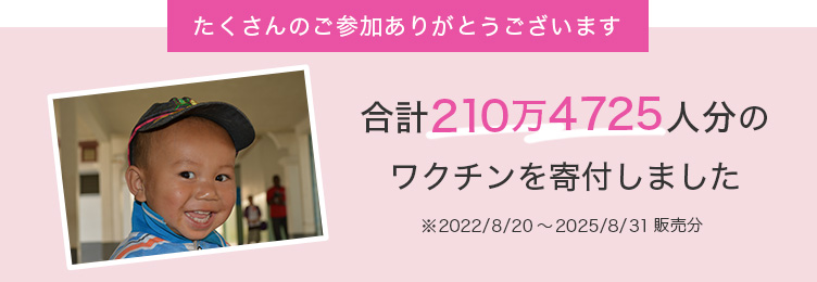 たくさんのご参加ありがとうございます。合計178万2405人分のワクチンを寄付しました　※2022/8/20～2024/12/31販売分