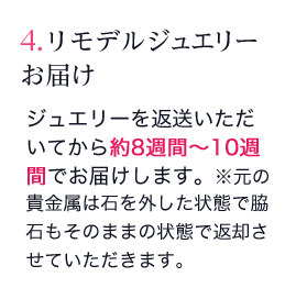 4. リモデルジュエリーお届け：ジュエリーを返送いただいてから約8週間～10週間でお届けします。※元の貴金属は石を外した状態で脇石もそのままの状態で返却させていただきます。