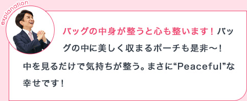 explanation バッグの中身が整うと心も整います!バッグの中に美しく収まるポーチも是非~!中を見るだけで気持ちが整う。まさに“Peaceful”な幸せです!