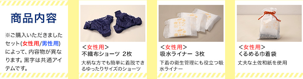 商品内容、＜女性用＞不織布ショーツ 2枚、＜女性用＞吸水ライナー 3枚、＜女性用＞くるめる巾着袋
