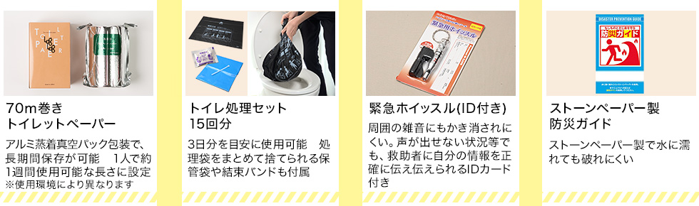 70ｍ巻きトイレットペーパー、トイレ処理セット15回分、緊急ホイッスル、ストーンペーパー製防災ガイド
