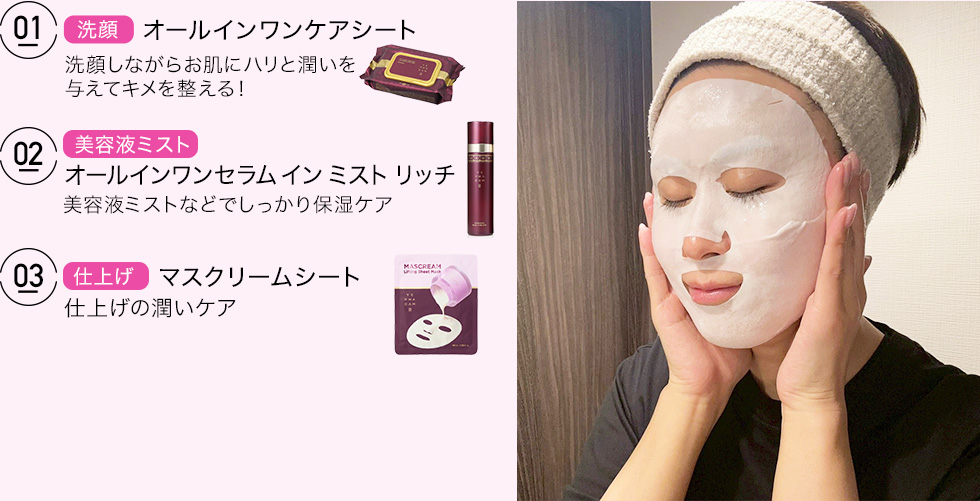 1（洗顔）オールインワンケアシート、2（美容液ミスト）オールインワンセラム イン ミスト リッチ、3（仕上げ）マスクリームシート