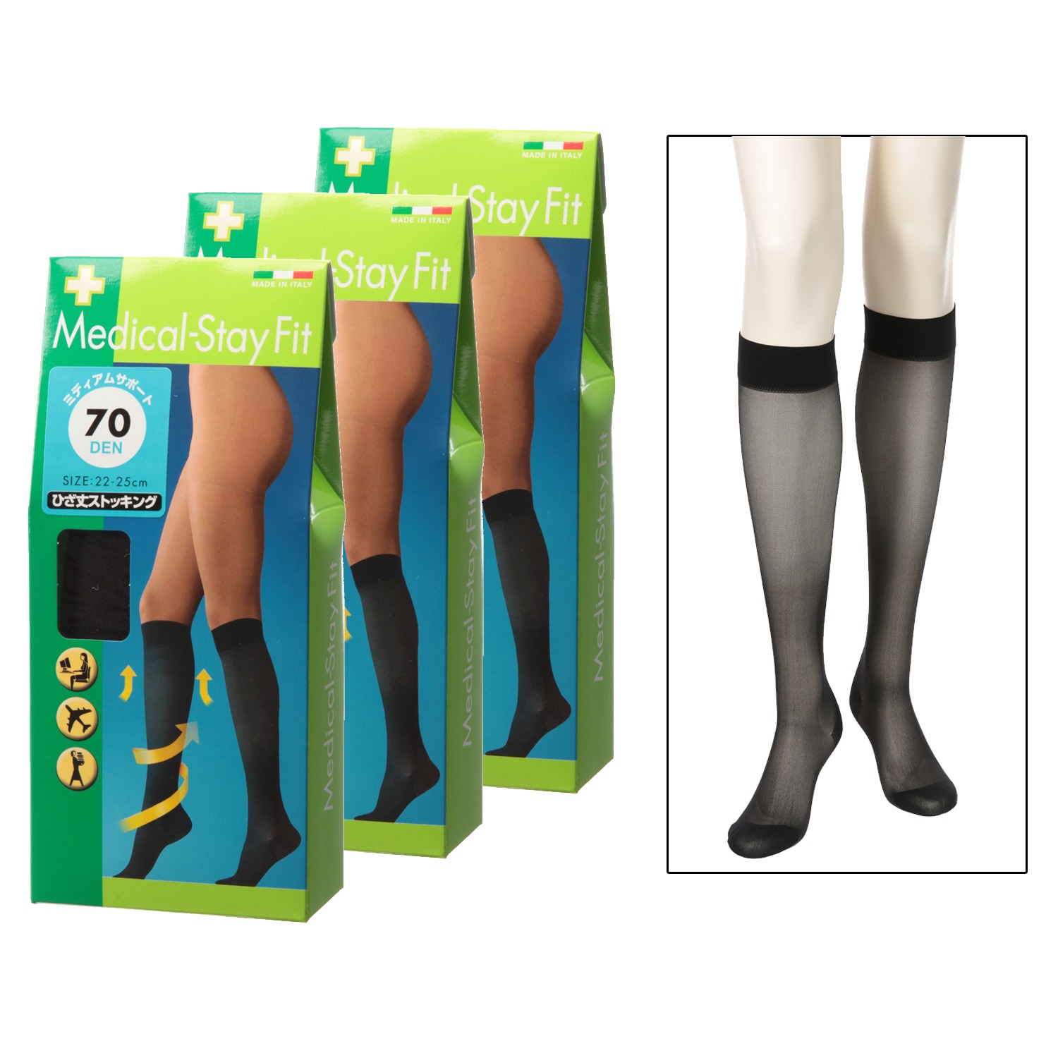 メディカルステイフィット
段階式着圧
７０デニール
ひざ丈ストッキング
同色３足セット