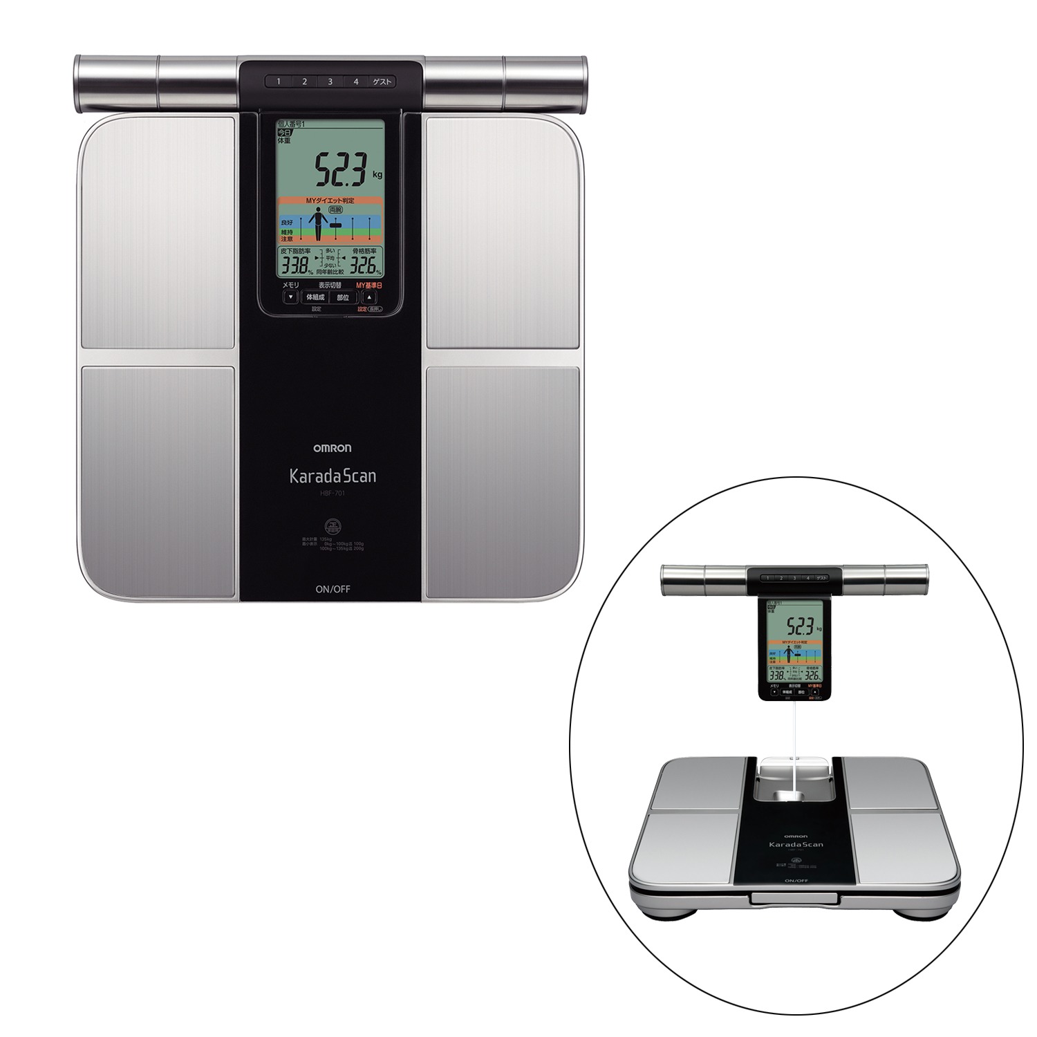 オムロン
“ＭＹダイエット判定”
機能搭載！
両手両足測定タイプの
体重体組成計
カラダスキャン
ＨＢＦ−７０１