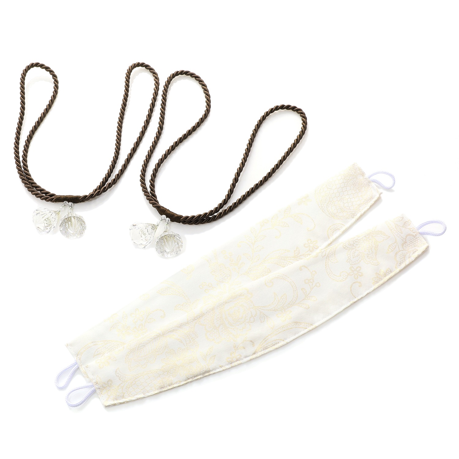 ＜１００×１０８ｃｍ＞
ドレッシー
キラキラ箔プリント＆ラメ刺しゅう入り
二重レースカーテン２枚組
クリスタル調タッセル付