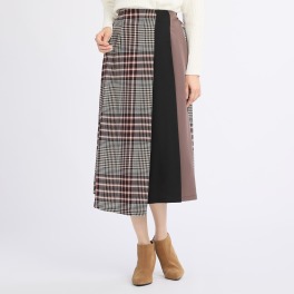 ボン・サンス チェック柄プリント切替 アシンメトリーデザイン スカート