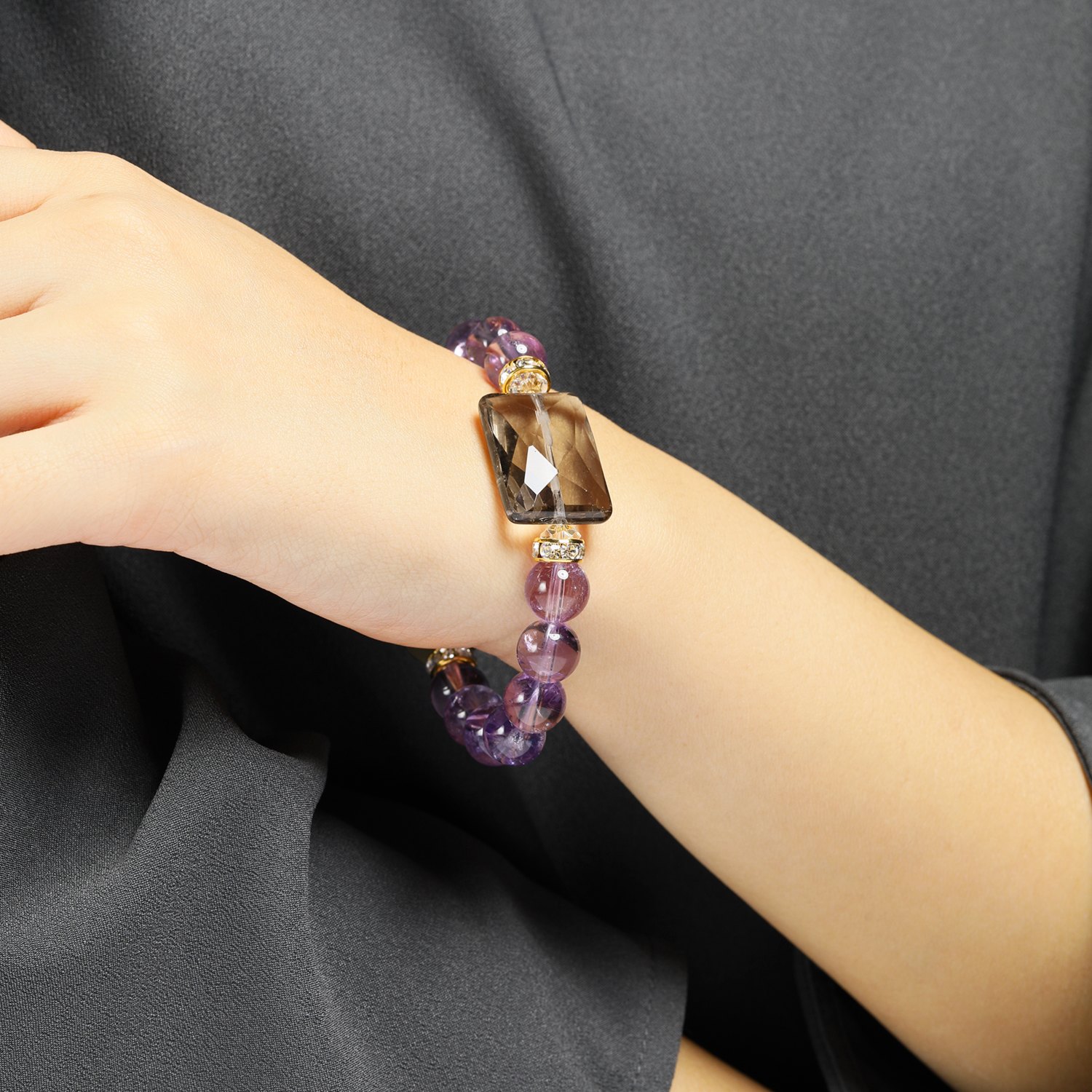 マイクローバー スモーキークォーツ＆アメシスト＆ロッククリスタルクォーツ イラスティック ブレスレット