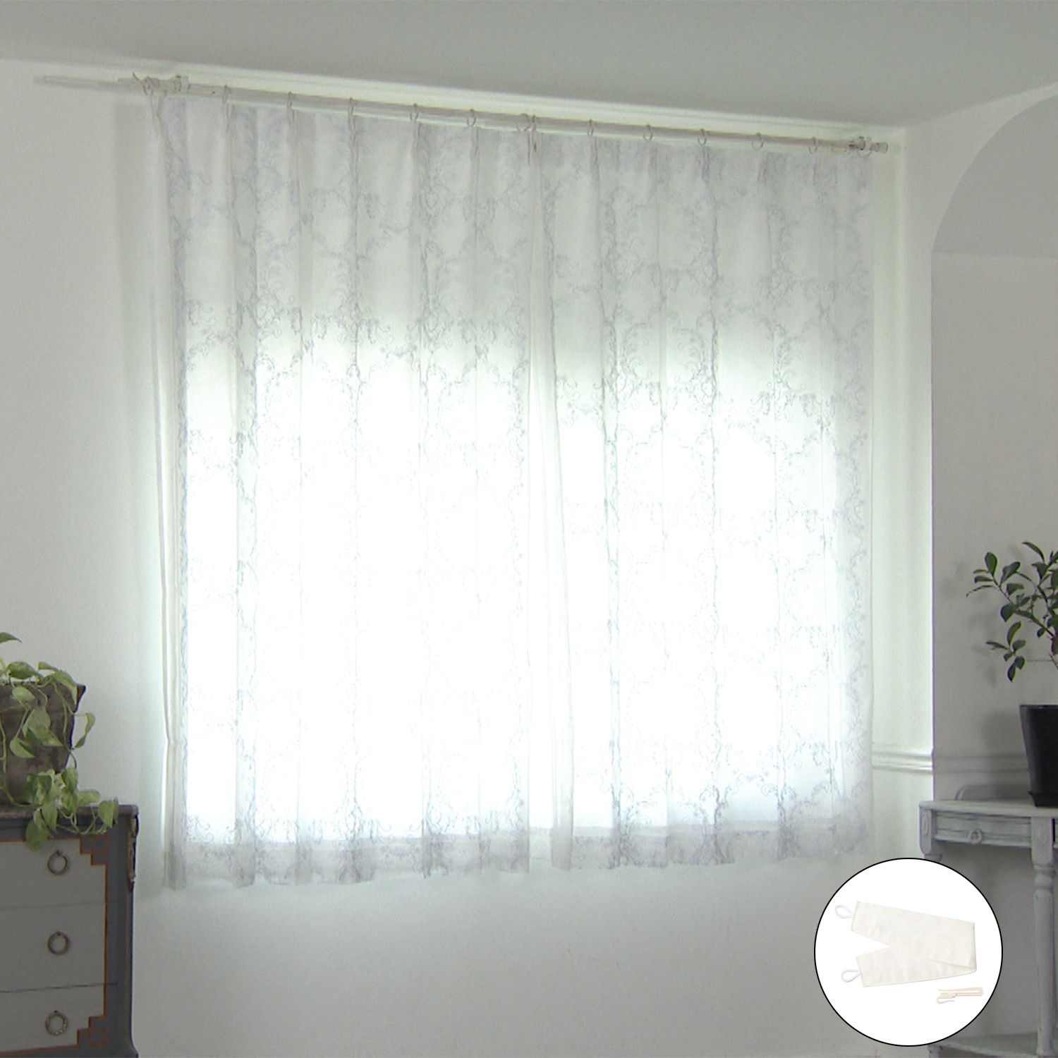 ＜１００×１０８ｃｍ＞ ドレッシー 箔プリント＆オーガンジー ラメ刺しゅう入り 二重レースカーテン２枚組