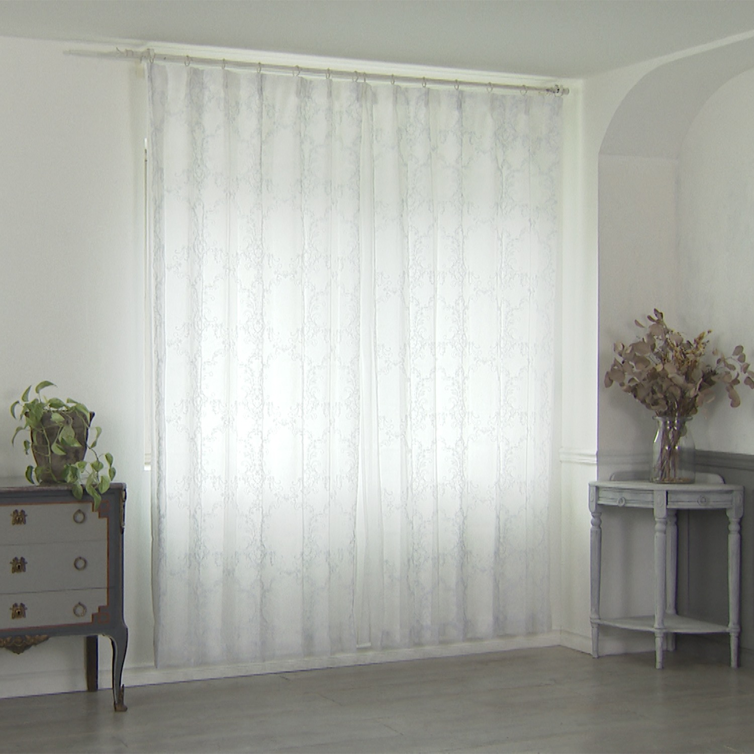 ＜１００×２２８ｃｍ＞ ドレッシー 箔プリント＆オーガンジー ラメ刺しゅう入り 二重レースカーテン２枚組 