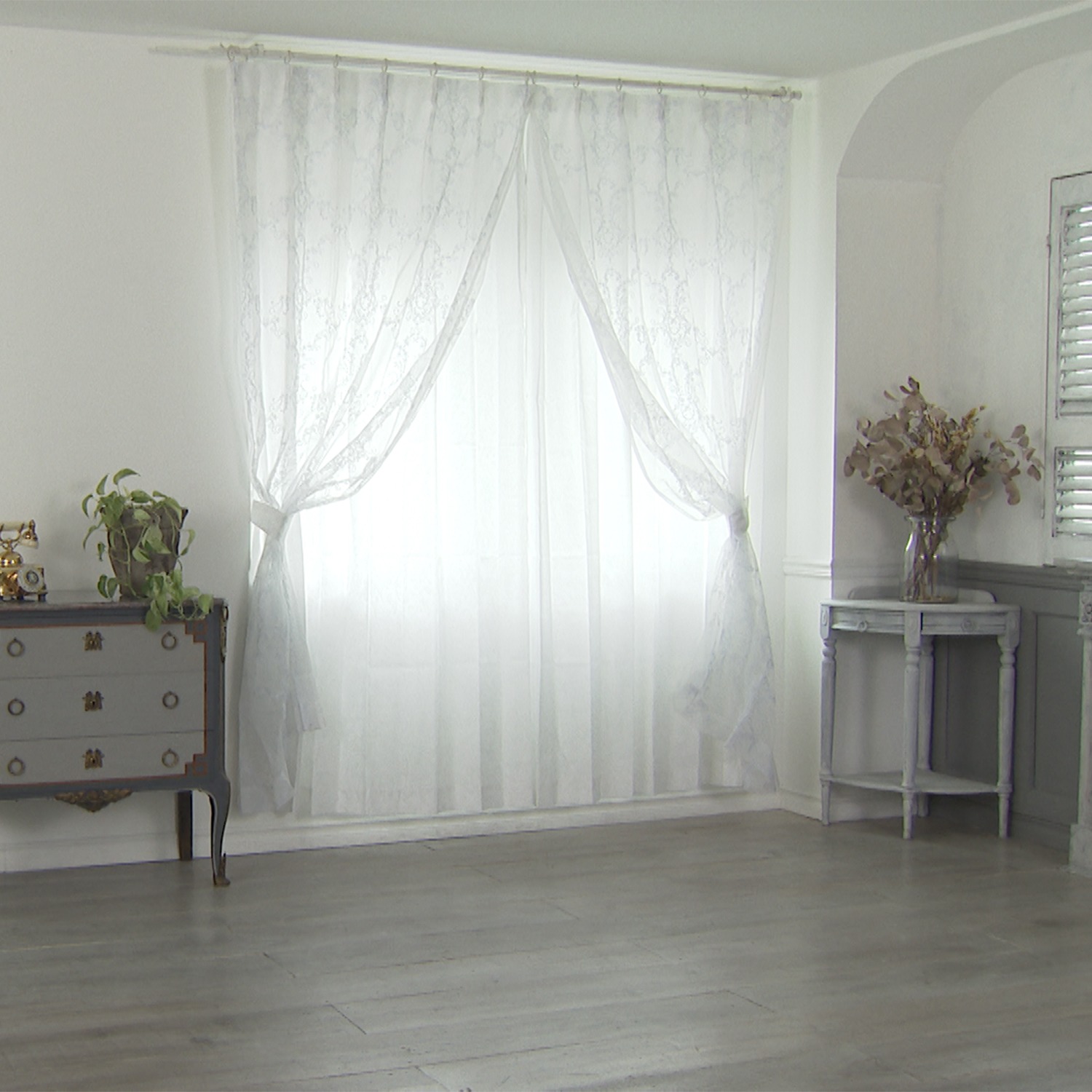 ＜１００×２２８ｃｍ＞ ドレッシー 箔プリント＆オーガンジー ラメ刺しゅう入り 二重レースカーテン２枚組 