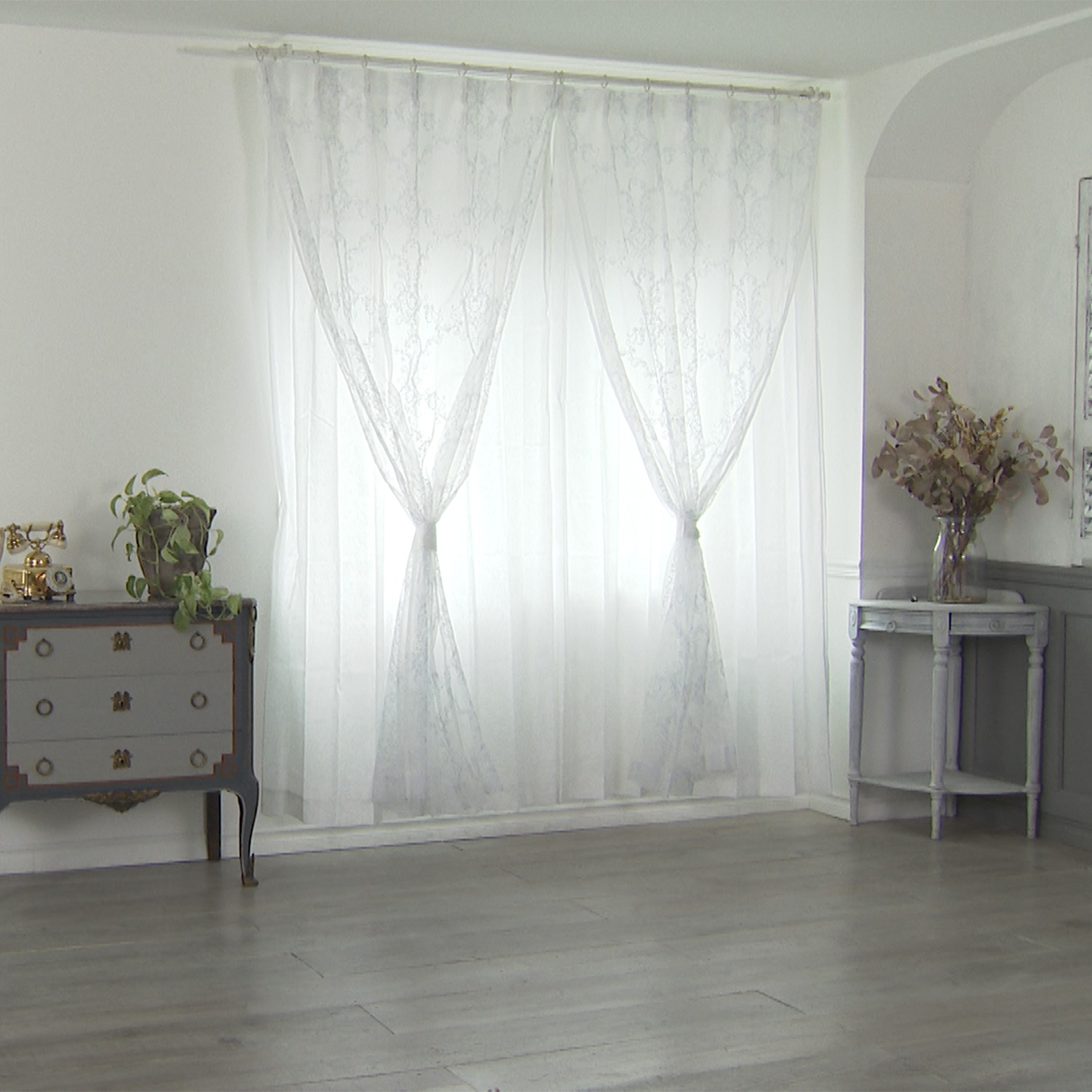 ＜１００×２２８ｃｍ＞ ドレッシー 箔プリント＆オーガンジー ラメ刺しゅう入り 二重レースカーテン２枚組 