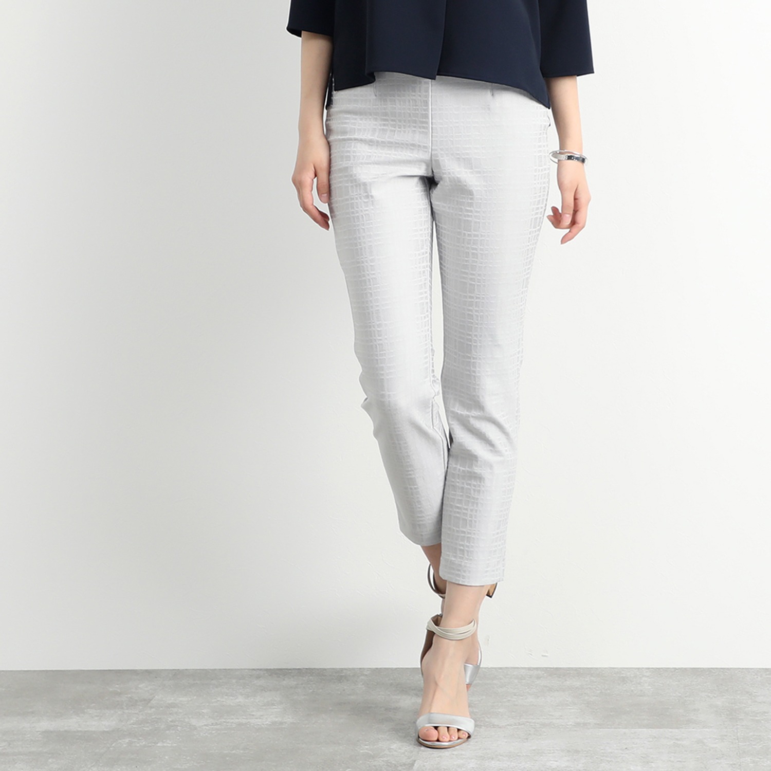 ピーツー 変形格子ジャガード プレミアムアンクルパンツ