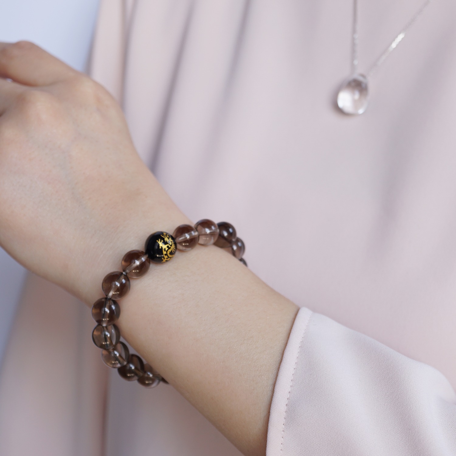 幸石堂 スモーキークォーツ＆ブラックオニキス イラスティック ブレスレット “清栄吉祥”