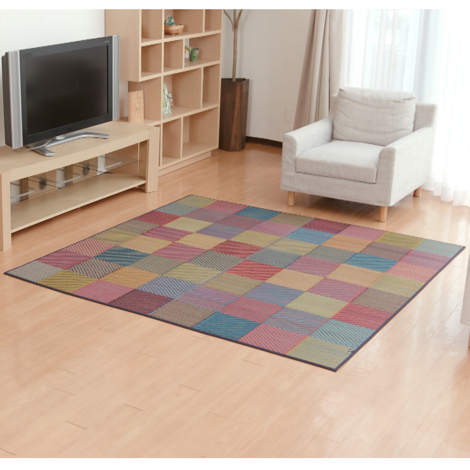 ＜正方形＞ イケヒコ カラフルブロック柄 熊本県産い草ラグ 