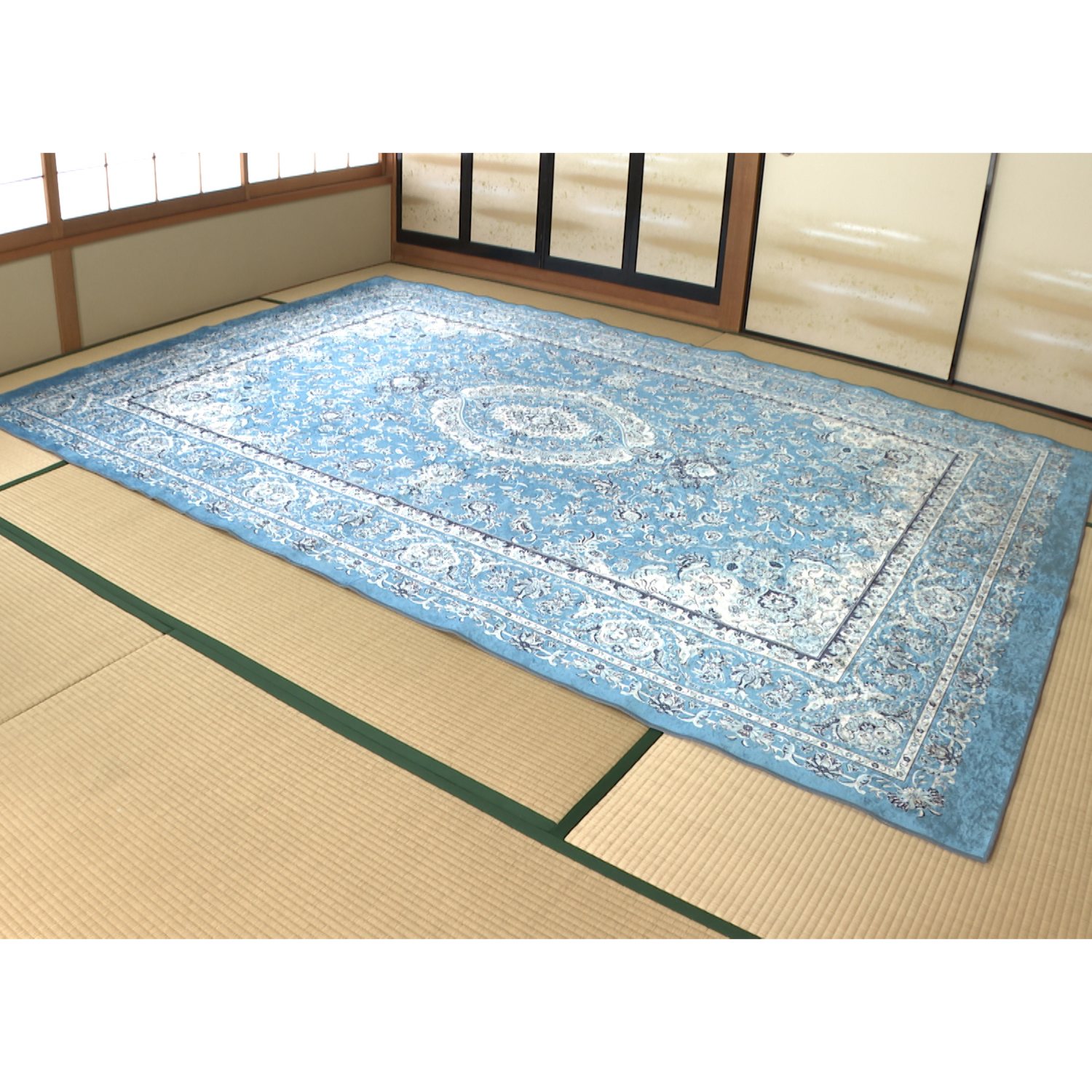 ＜２２５×３２０ｃｍ＞シルクタッチ 洗える 爽やかカーペット ブルーハーモニー 