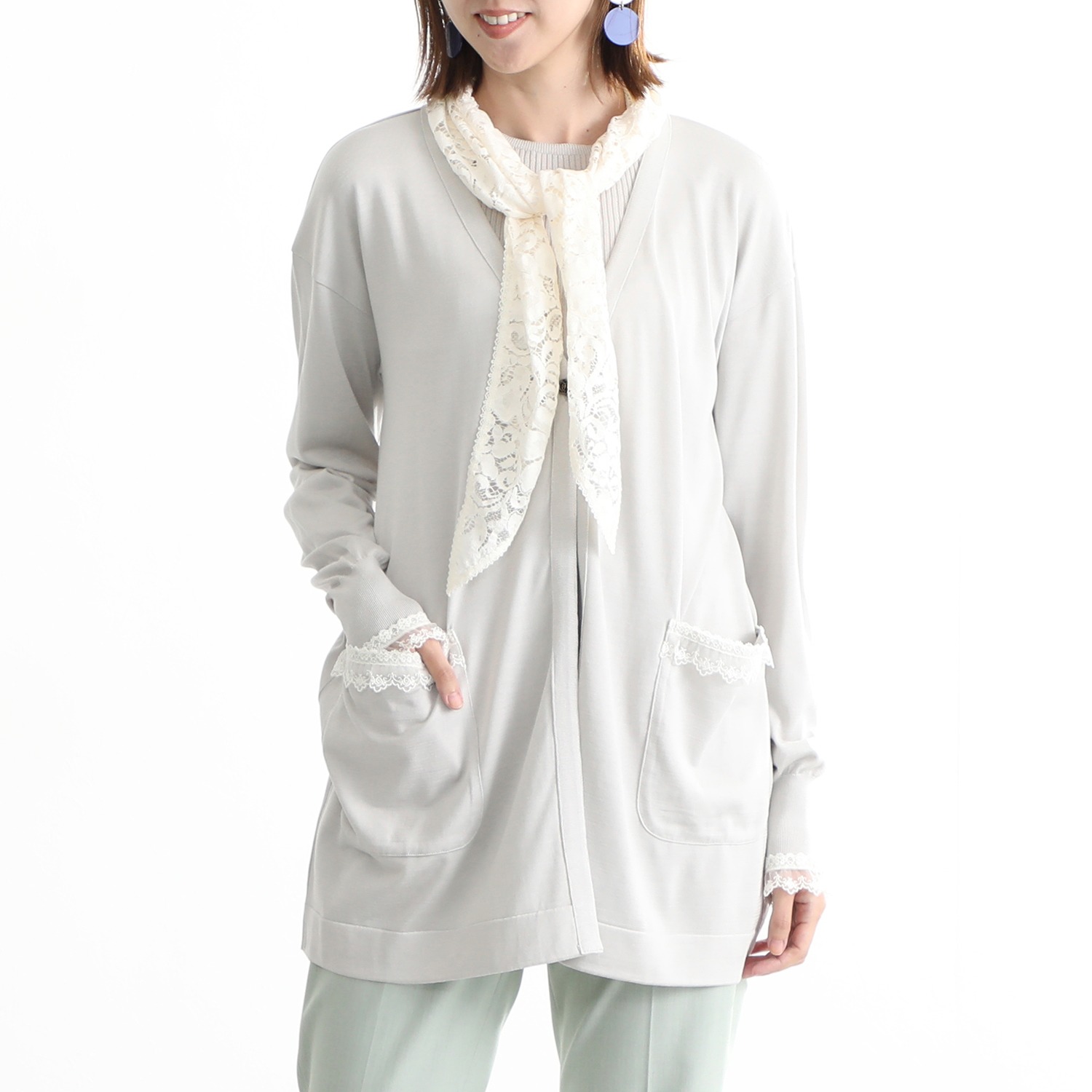 エウラーカ ウォッシャブルシルク レースアクセント カーディガン