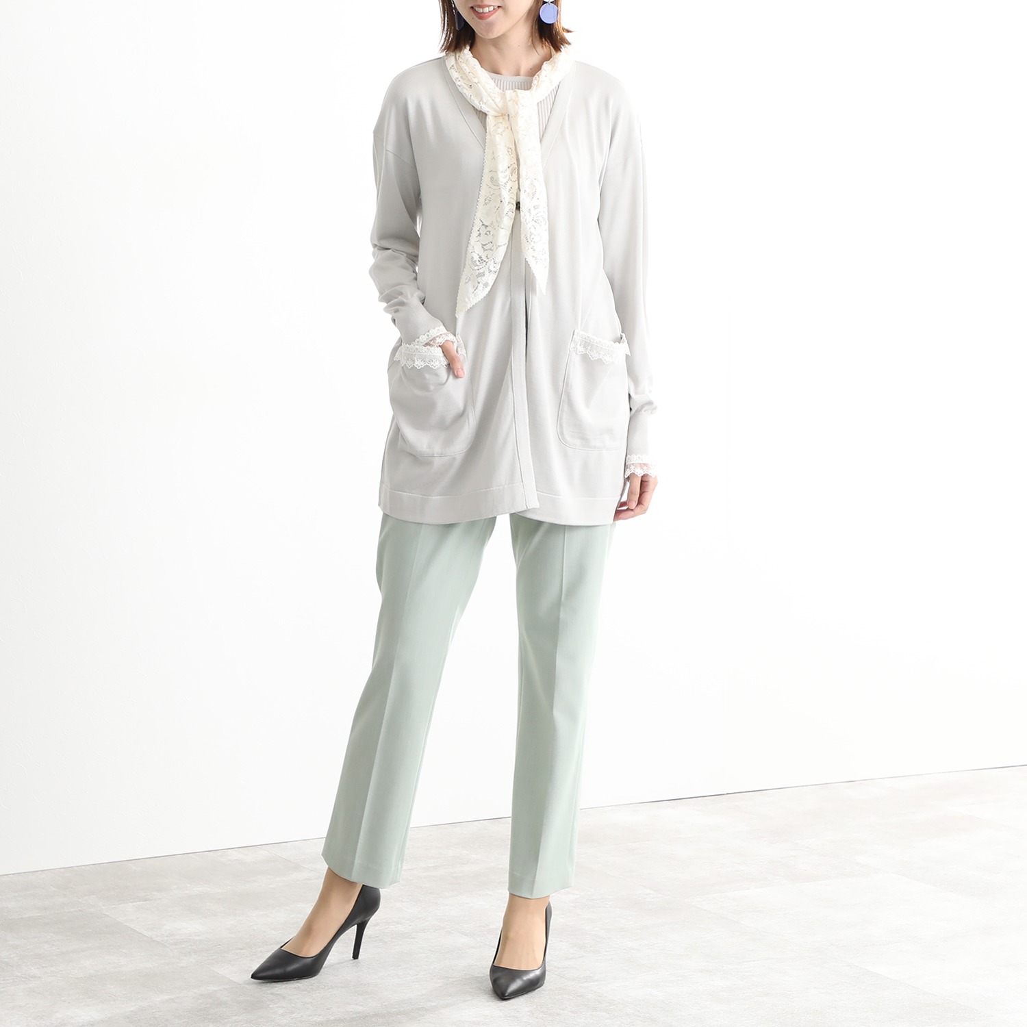 エウラーカ ウォッシャブルシルク レースアクセント カーディガン