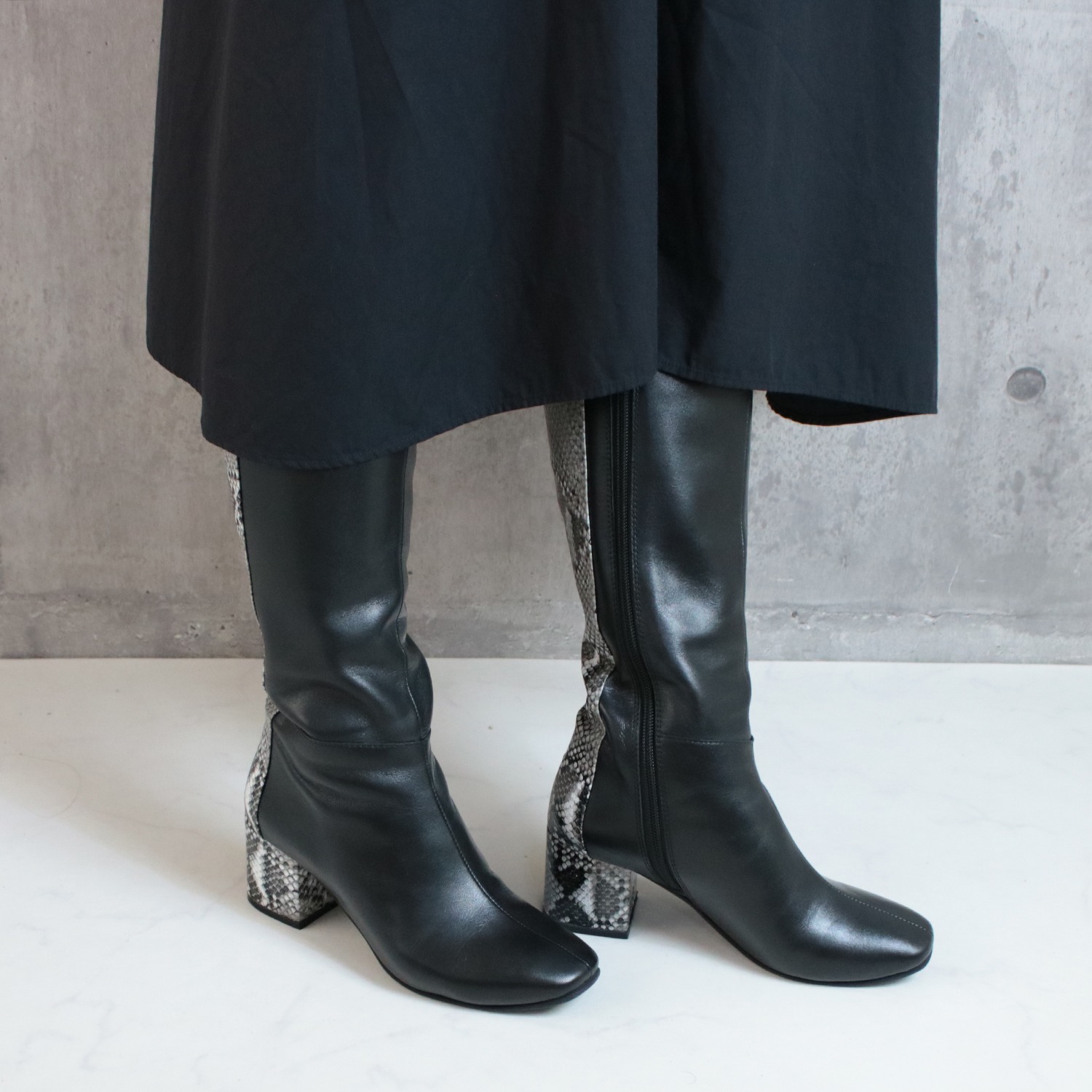 サムシング 牛革 パイソン柄アクセント ロングブーツ