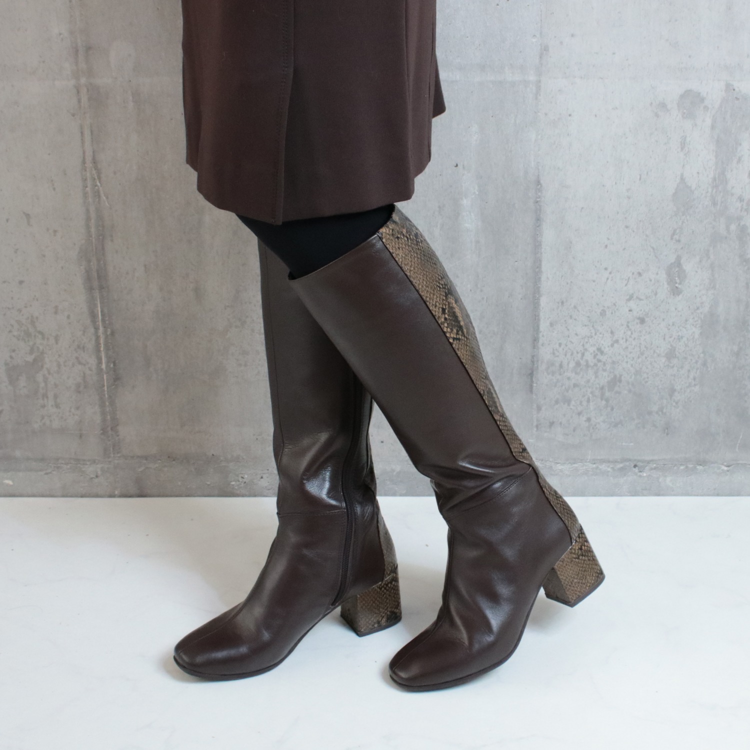 サムシング 牛革 パイソン柄アクセント ロングブーツ