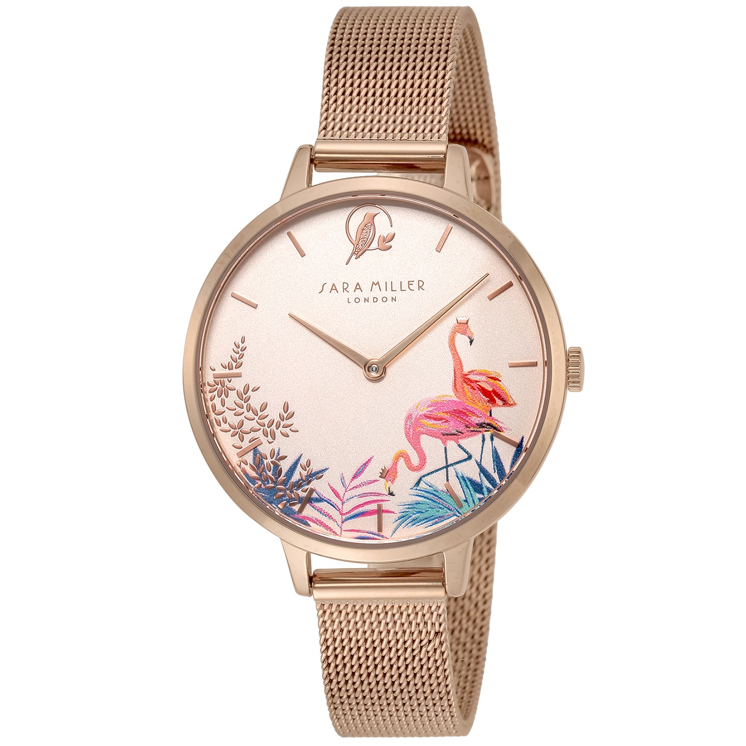サラミラーロンドン フラミンゴモティーフ ピンクカラー ラウンドフェイス メッシュベルトウォッチ
