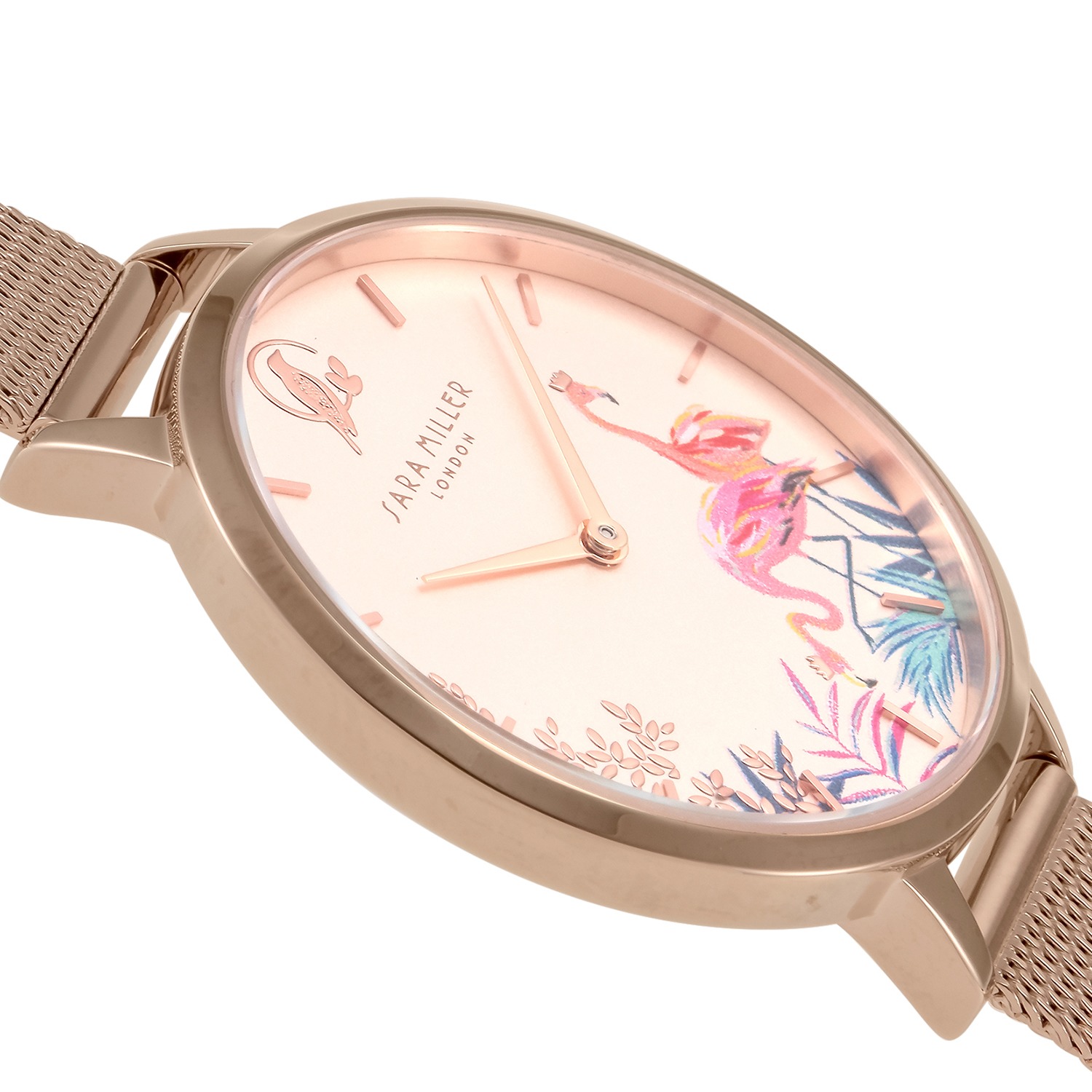 サラミラーロンドン フラミンゴモティーフ ピンクカラー ラウンドフェイス メッシュベルトウォッチ