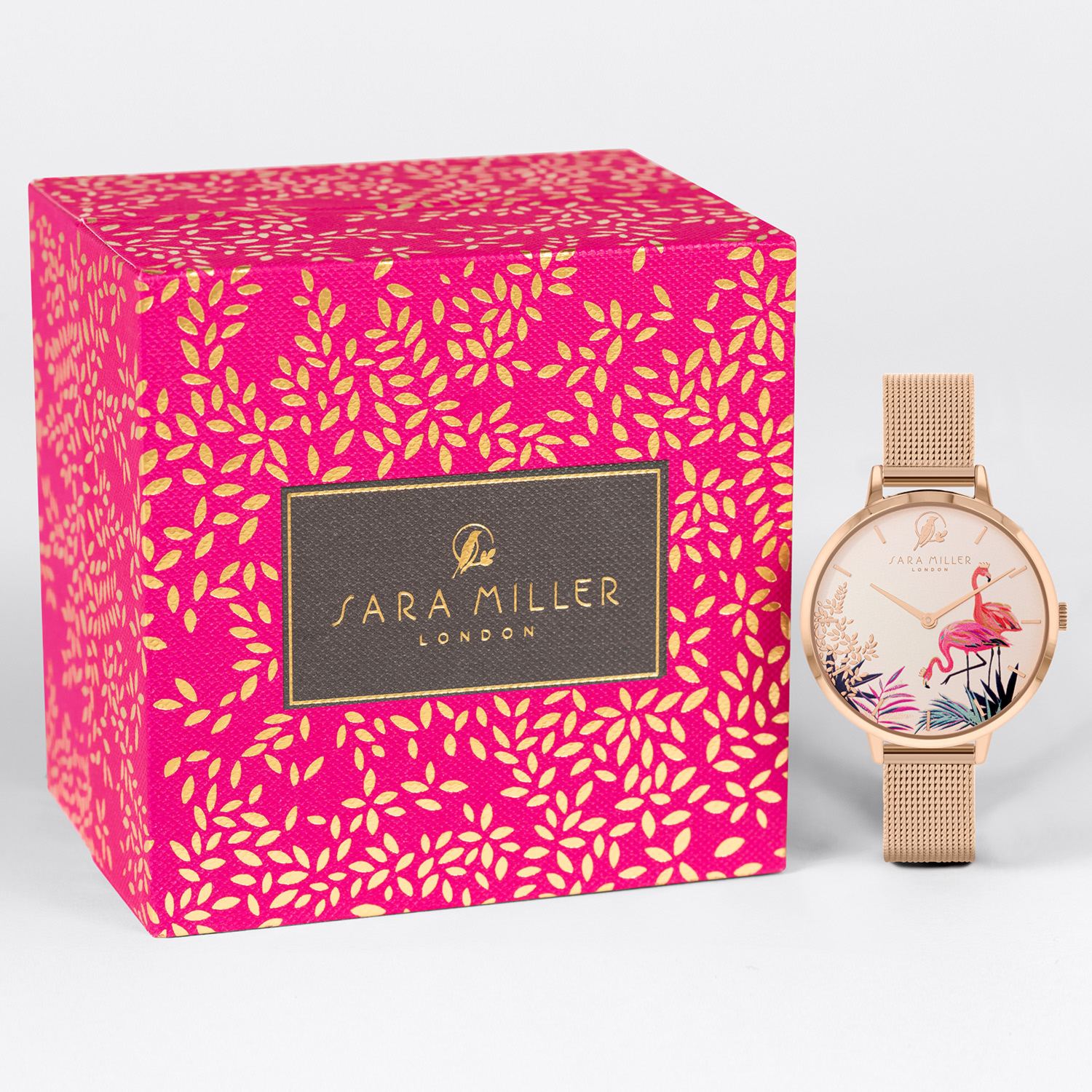 サラミラーロンドン フラミンゴモティーフ ピンクカラー ラウンドフェイス メッシュベルトウォッチ