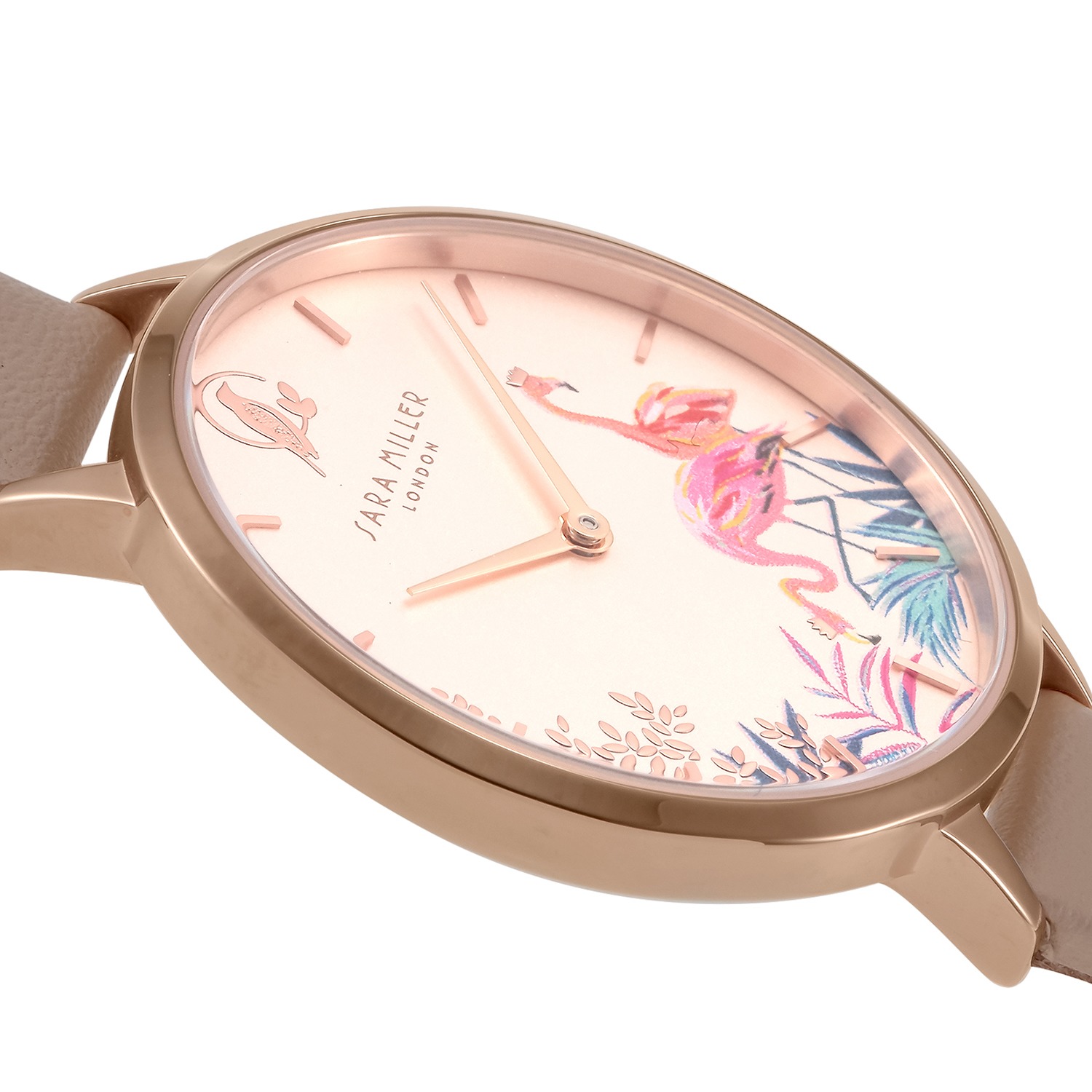 サラミラーロンドン フラミンゴモティーフ ピンクカラー ラウンドフェイス カーフレザーベルト ウォッチ