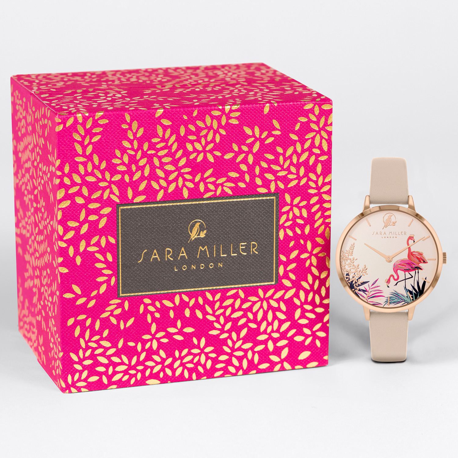 サラミラーロンドン フラミンゴモティーフ ピンクカラー ラウンドフェイス カーフレザーベルト ウォッチ