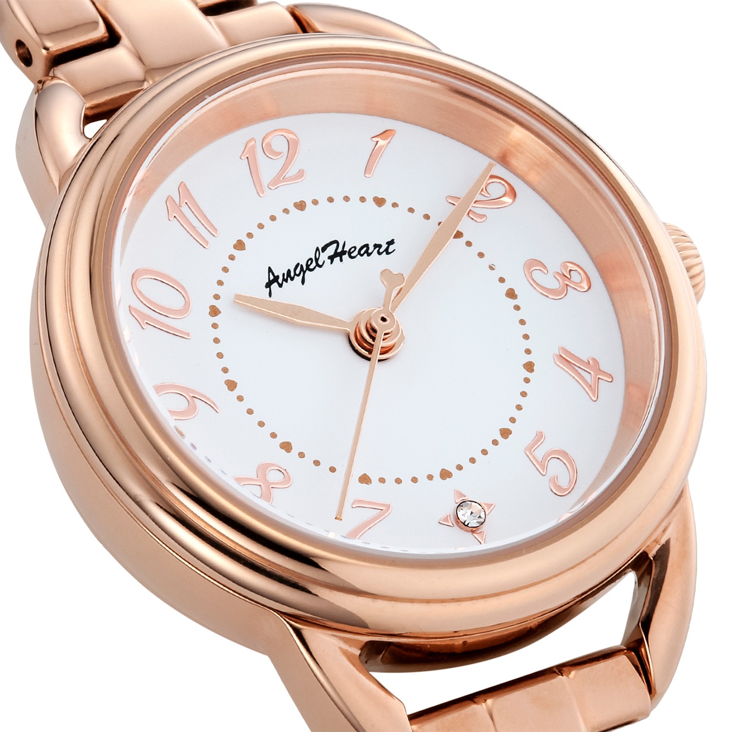 ＜ローズゴールドカラー＞ エンジェルハート ファーストスター クリスタルガラス ラウンドフェイス ソーラーウォッチ 