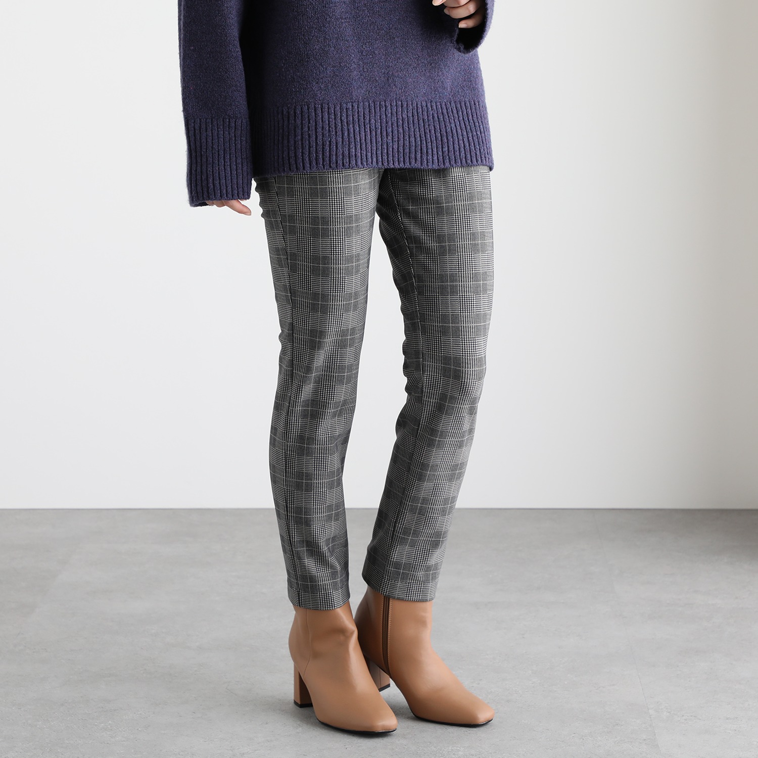 ピーツー 吸湿発熱・吸放湿 裏起毛 グレンチェック柄 スリムパンツ