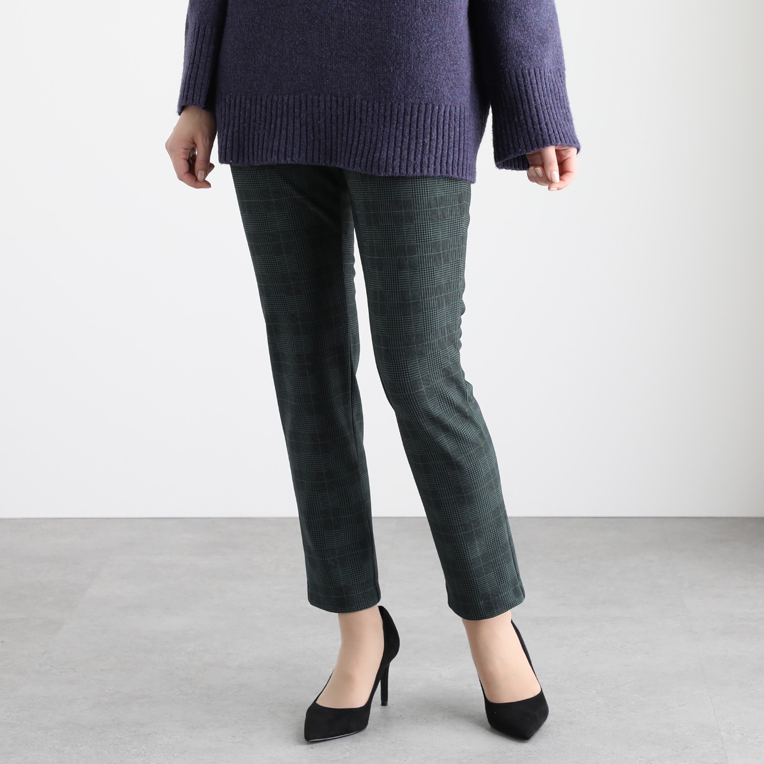 ピーツー 吸湿発熱・吸放湿 裏起毛 グレンチェック柄 スリムパンツ