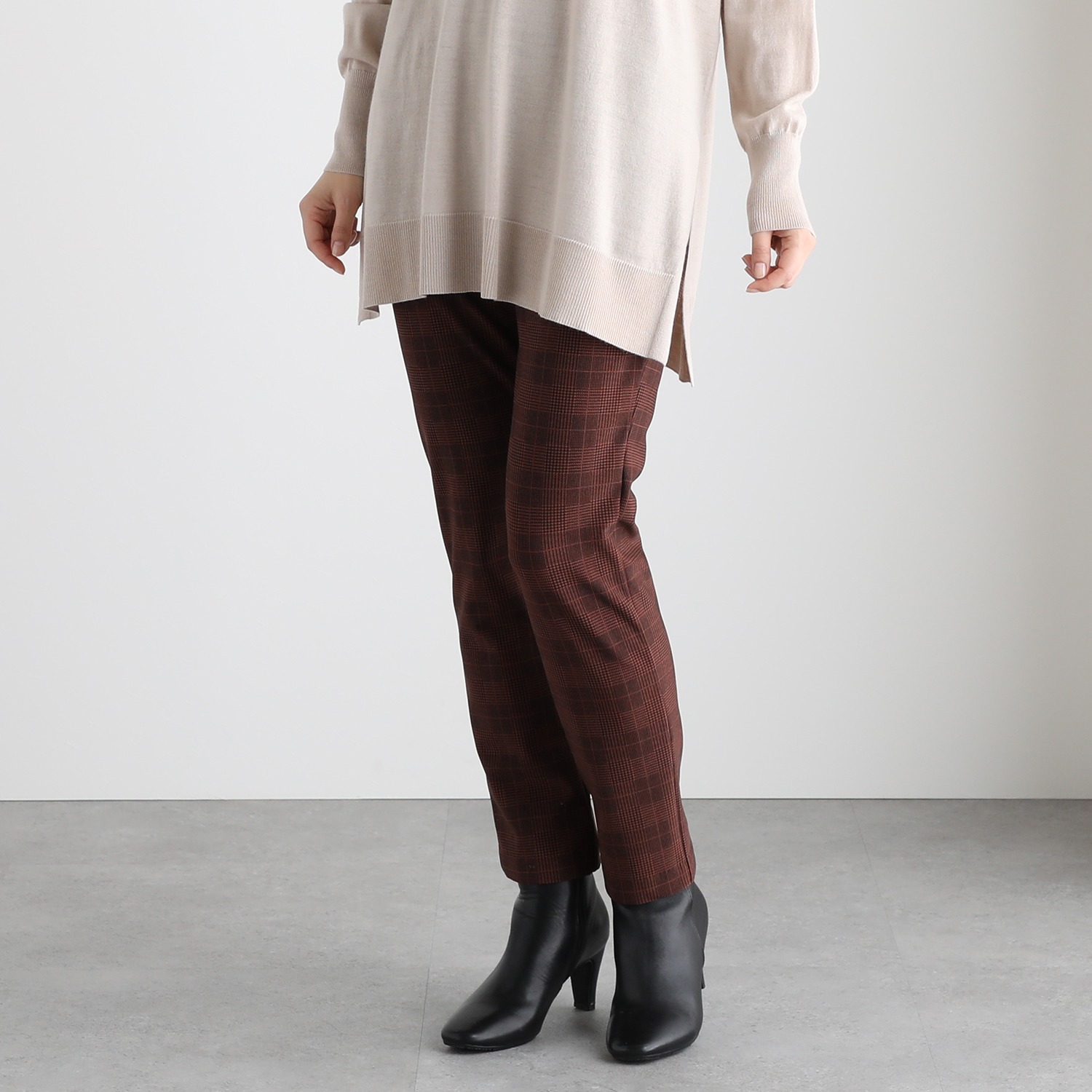 ピーツー 吸湿発熱・吸放湿 裏起毛 グレンチェック柄 スリムパンツ