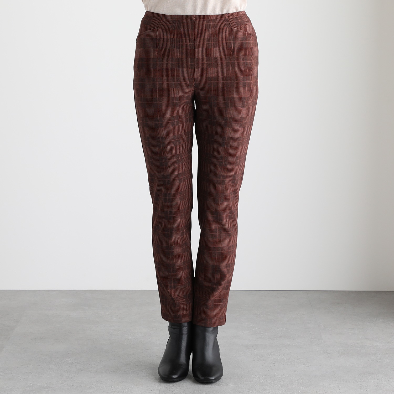 ピーツー 吸湿発熱・吸放湿 裏起毛 グレンチェック柄 スリムパンツ