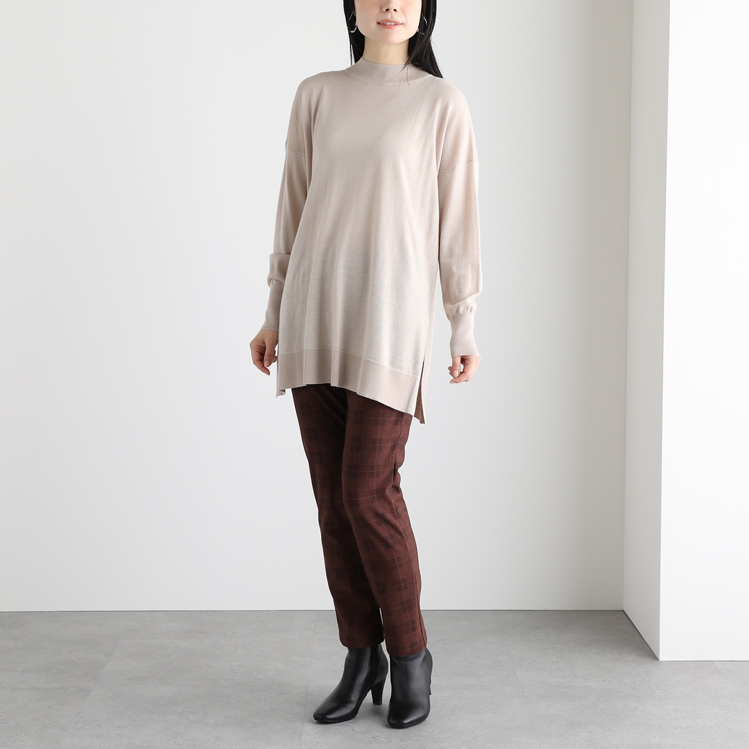 ピーツー 吸湿発熱・吸放湿 裏起毛 グレンチェック柄 スリムパンツ