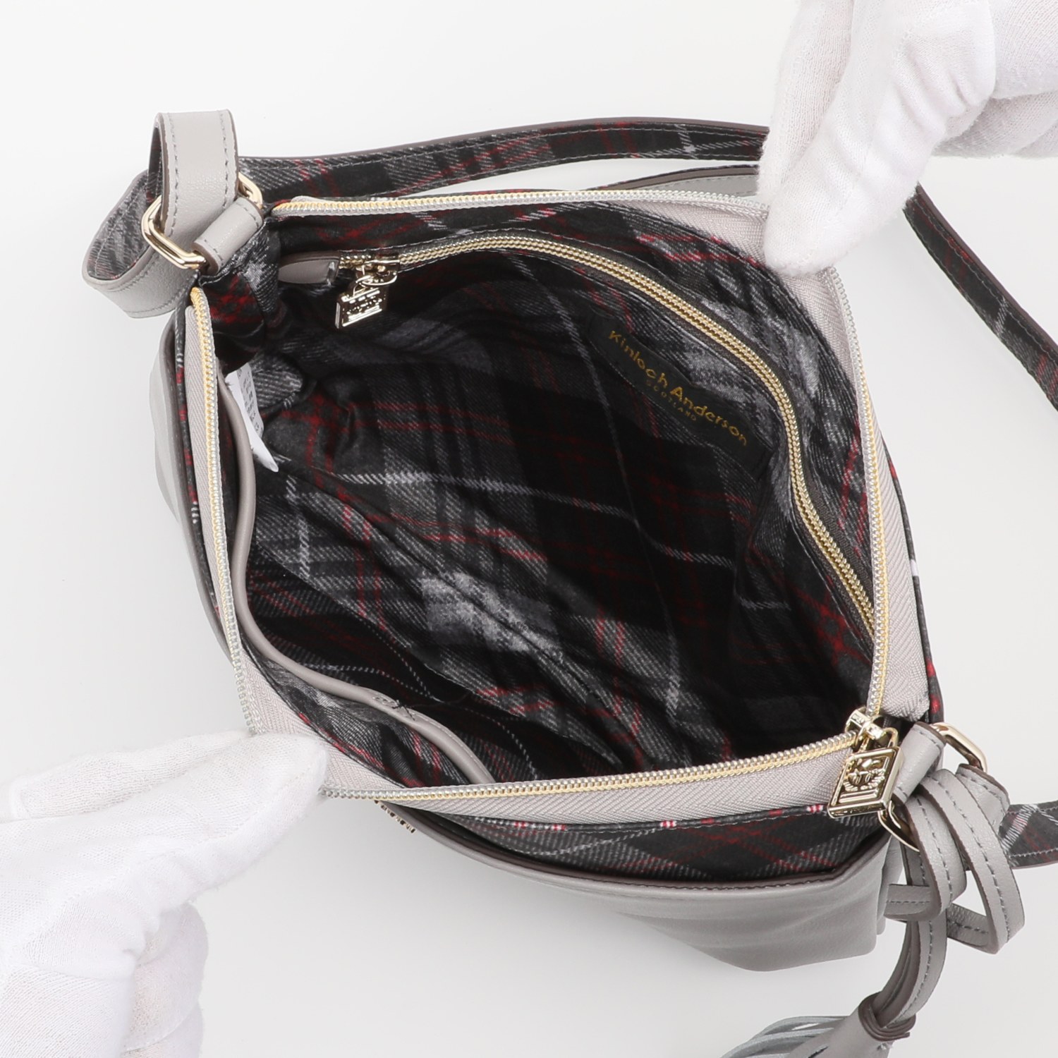 キンロックアンダーソン レザー タータンチェック アクセント スリムショルダーバッグ