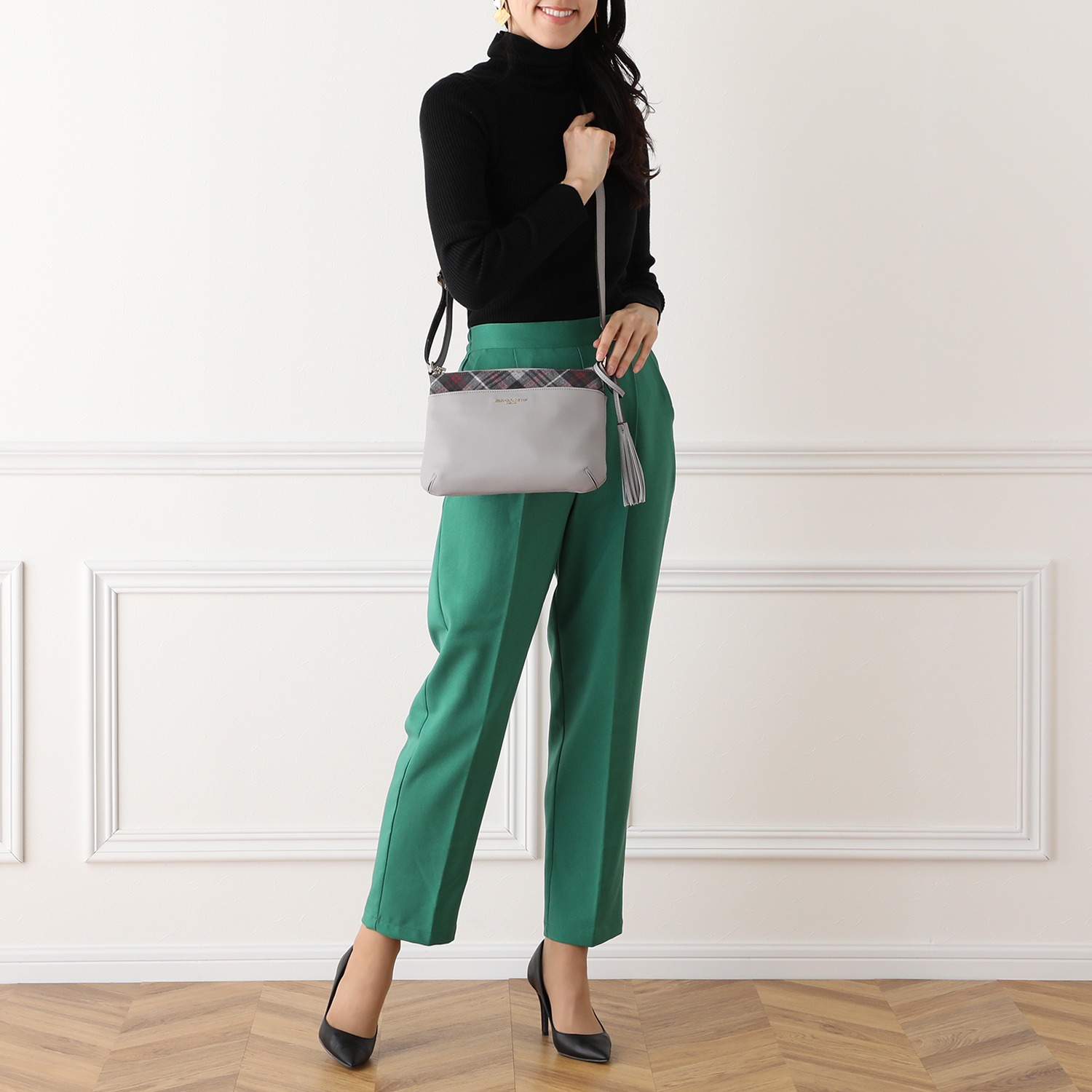 キンロックアンダーソン レザー タータンチェック アクセント スリムショルダーバッグ