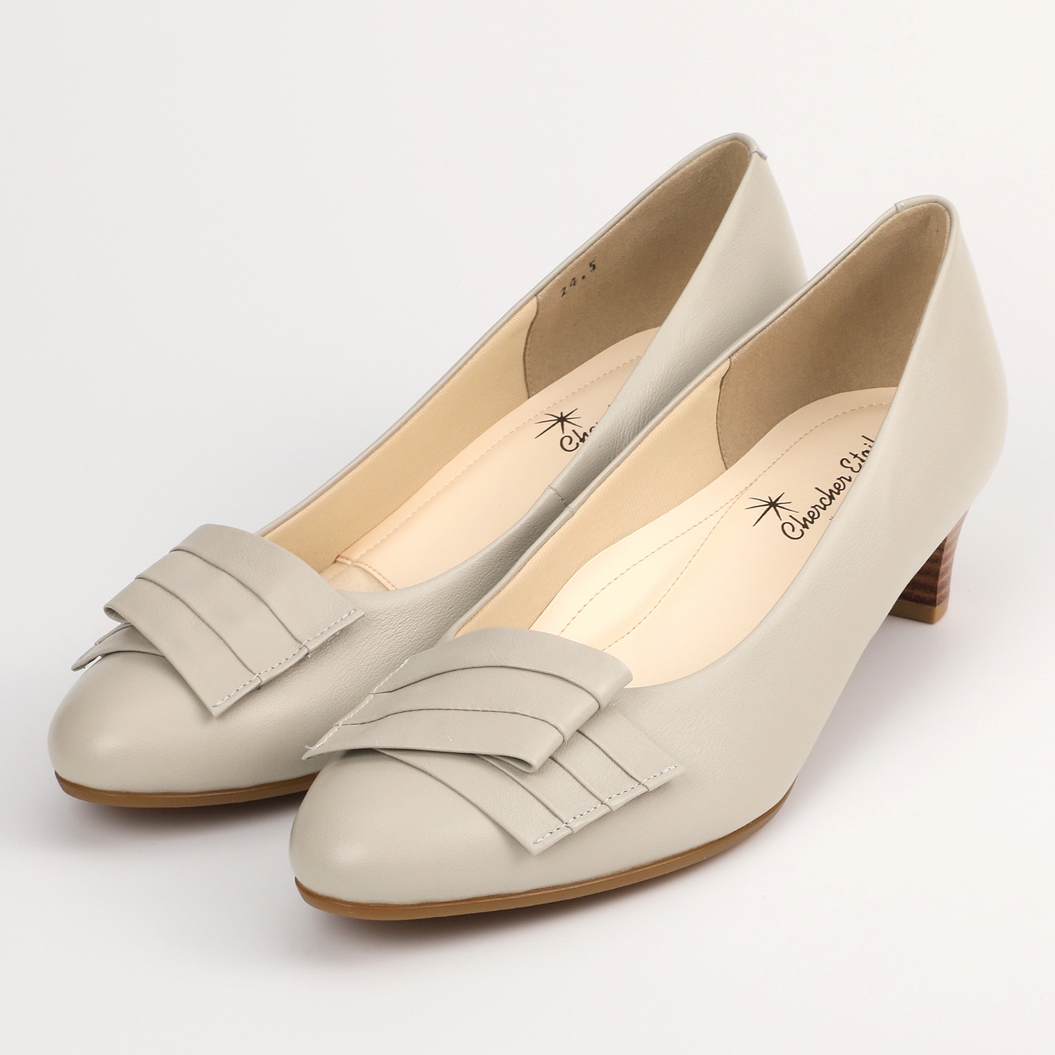 シェルシェエトワール 日本製牛革柔らか仕立て あか抜けエレガンスリボン ローヒールパンプス