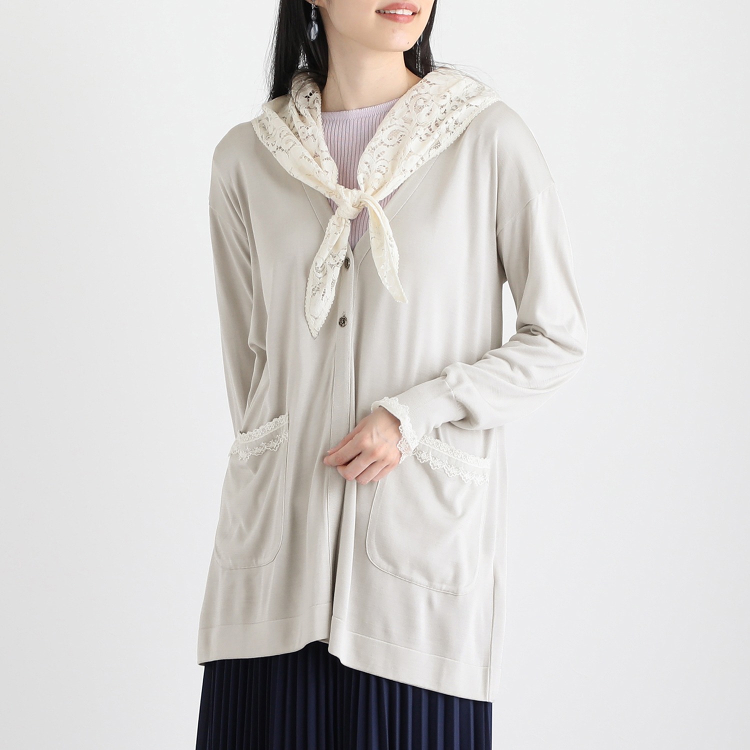 エウラーカ ウォッシャブルシルク レースアクセント カーディガン