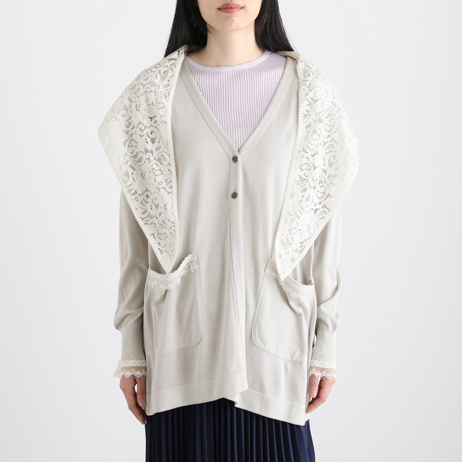 エウラーカ ウォッシャブルシルク レースアクセント カーディガン