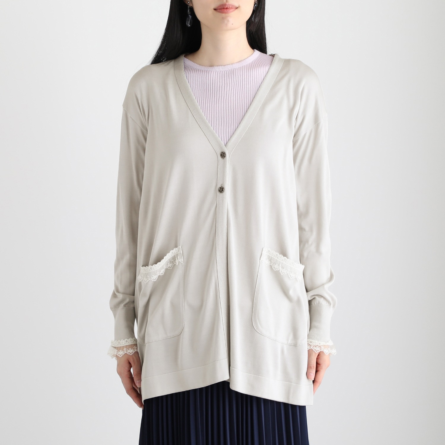 エウラーカ ウォッシャブルシルク レースアクセント カーディガン