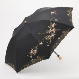 シノワズリーモダン かわず張り 刺しゅうデザイン 晴雨兼用折りたたみ傘