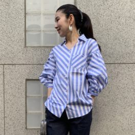 タマミ　ワタナベ バイカラー バイアスストライプシャツ “ビジーパターンシャツ”