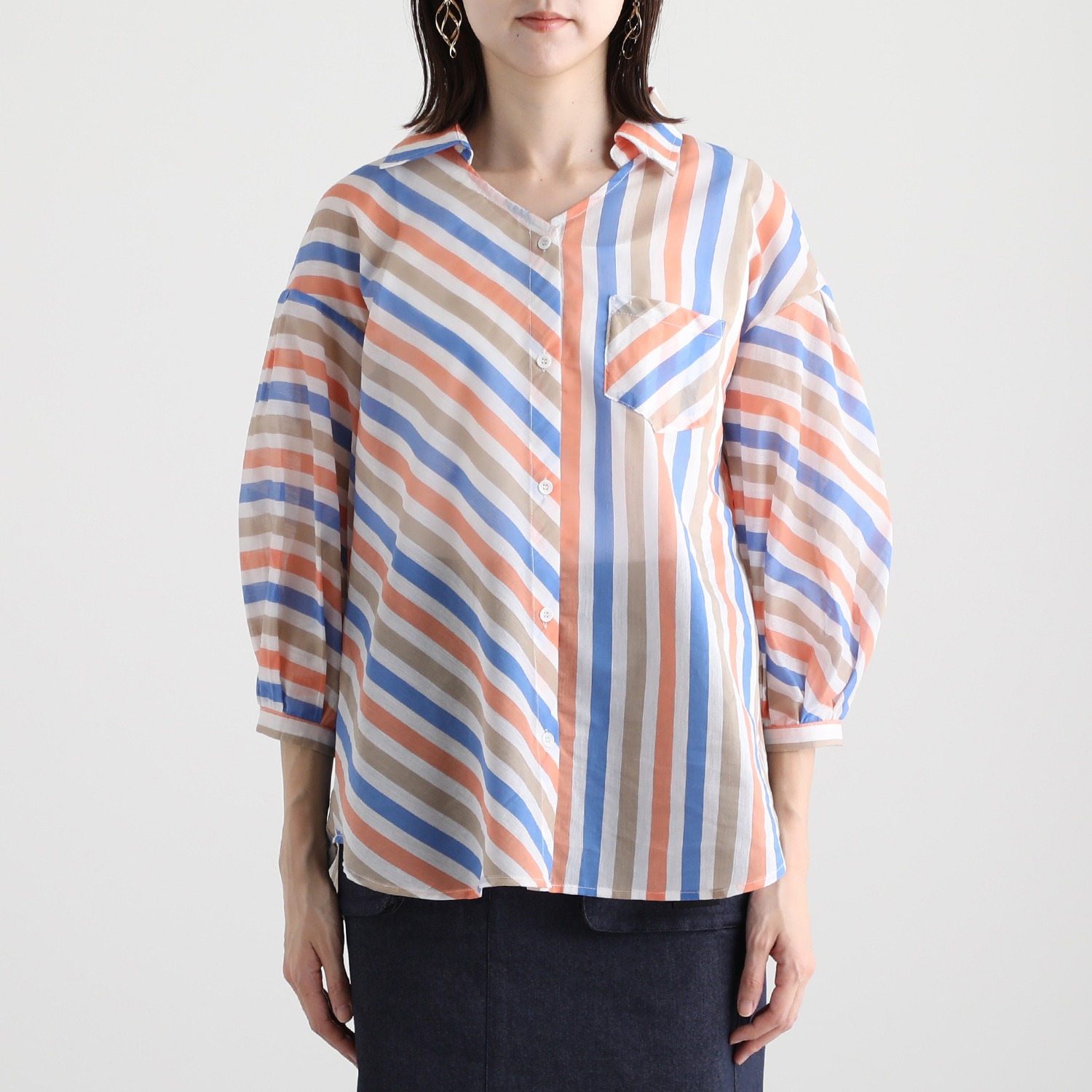 タマミ　ワタナベ マルチカラー バイアスストライプシャツ “ビジーパターンシャツ”
