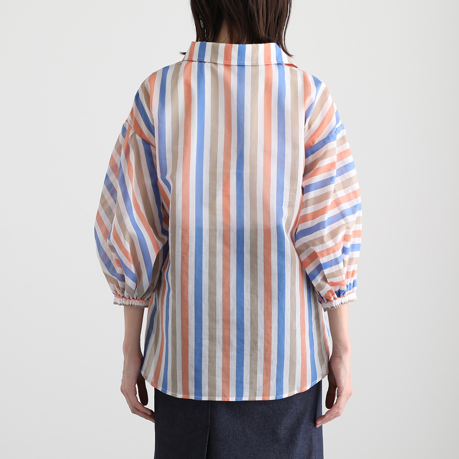 タマミ　ワタナベ マルチカラー バイアスストライプシャツ “ビジーパターンシャツ”