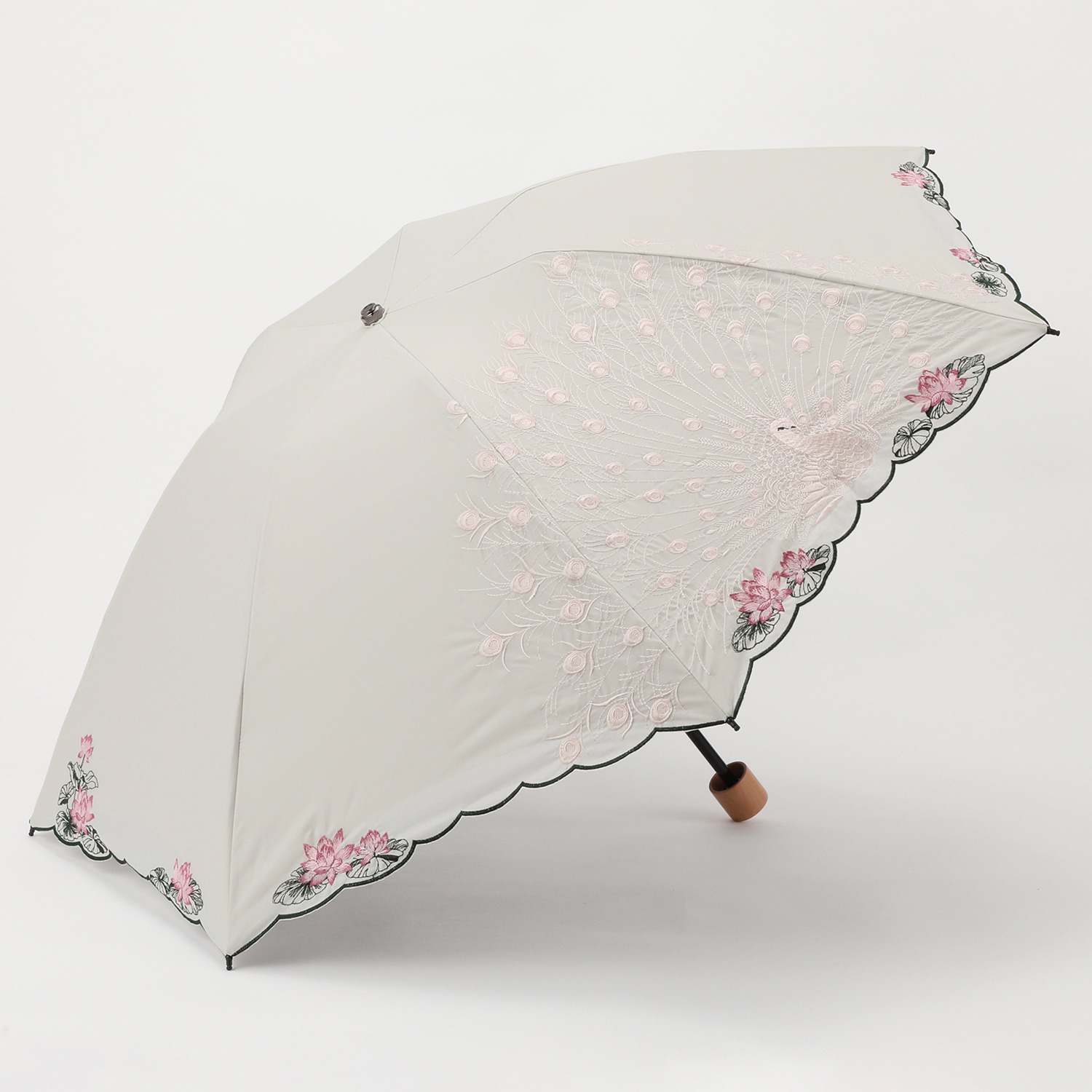 シノワズリーモダン 孔雀刺しゅう 二重張り 晴雨兼用ミニ折りたたみ傘