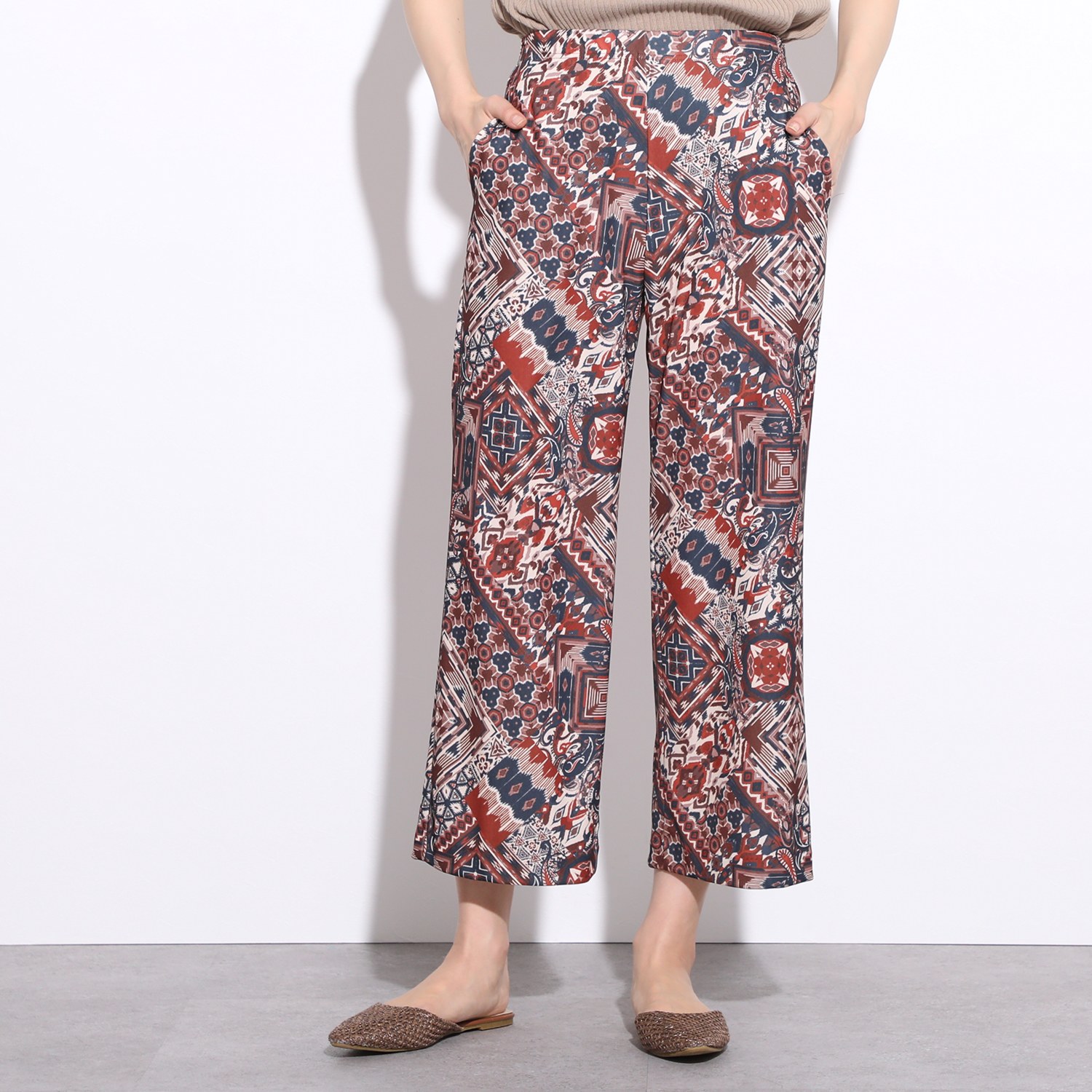 ピーツー 強撚スムース 転写プリント ワイドパンツ