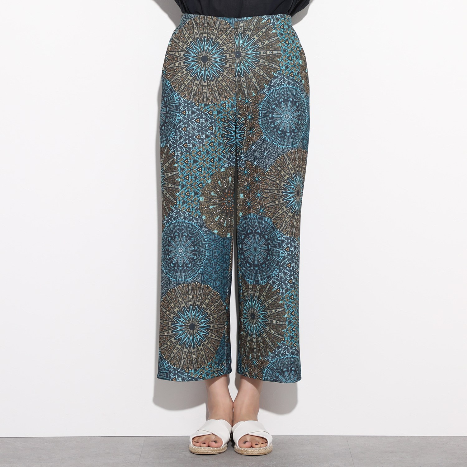 ピーツー 強撚スムース 転写プリント ワイドパンツ