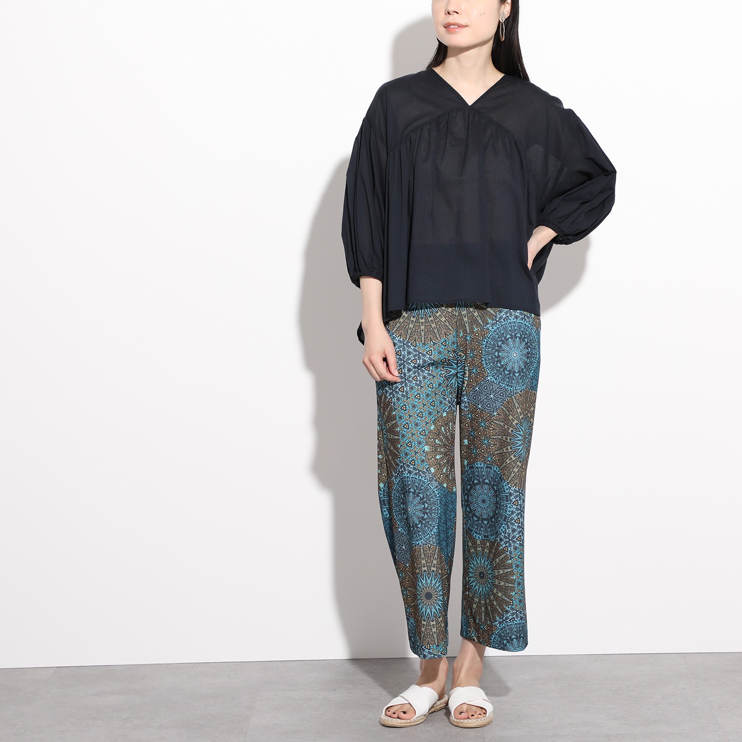 ピーツー 強撚スムース 転写プリント ワイドパンツ