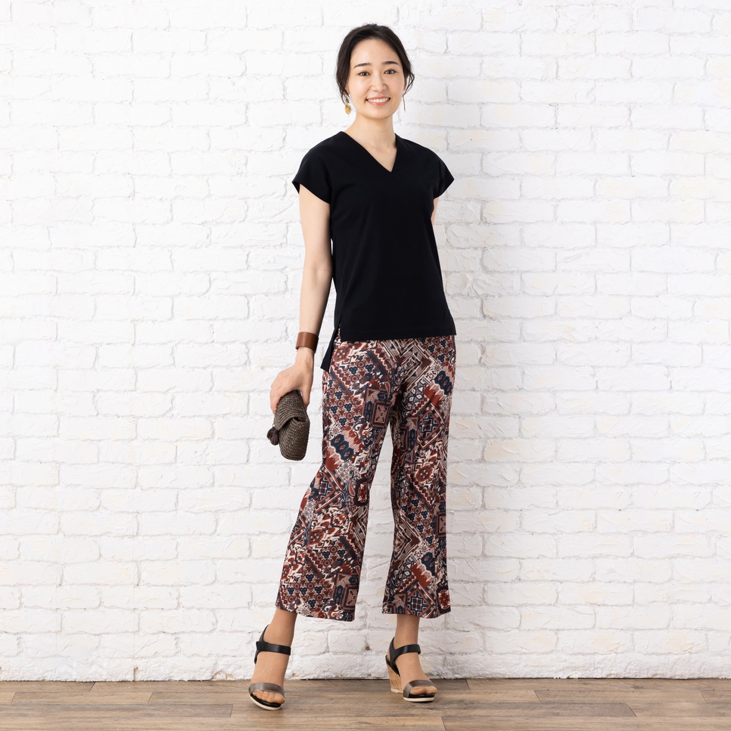 ピーツー 強撚スムース 転写プリント ワイドパンツ