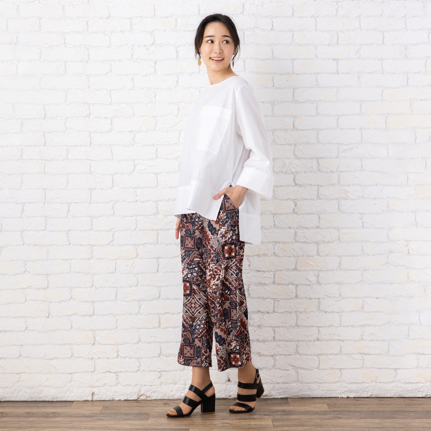 ピーツー 強撚スムース 転写プリント ワイドパンツ